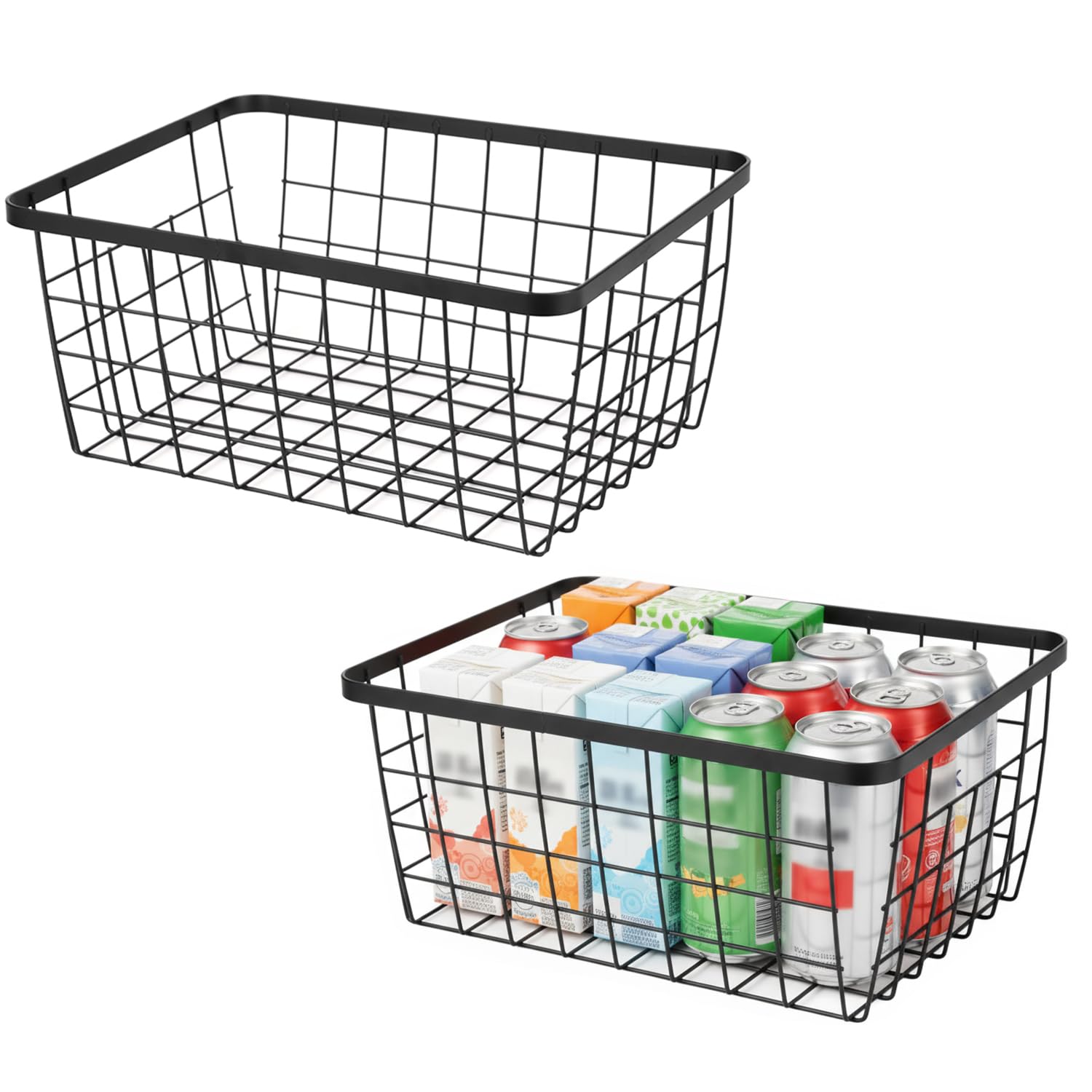 Kitchen Metal Wire Baskets with Handles Food Storage Organizer, Household Refrigerator for Cabinets,Pantry,Bathroom,Black,2 Pack
