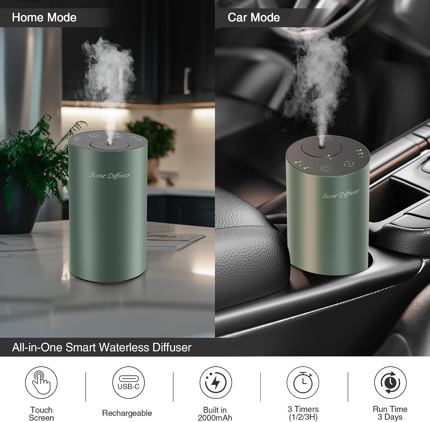 Waterless Essential Oil Diffuser Starter Kit - No Water Needed, Battery Operated Mini Scent Air Machine, Included 3x20ML Essential Oils, Portable Aromatherapy Diffuser for Home & Car & Office, Green image 4