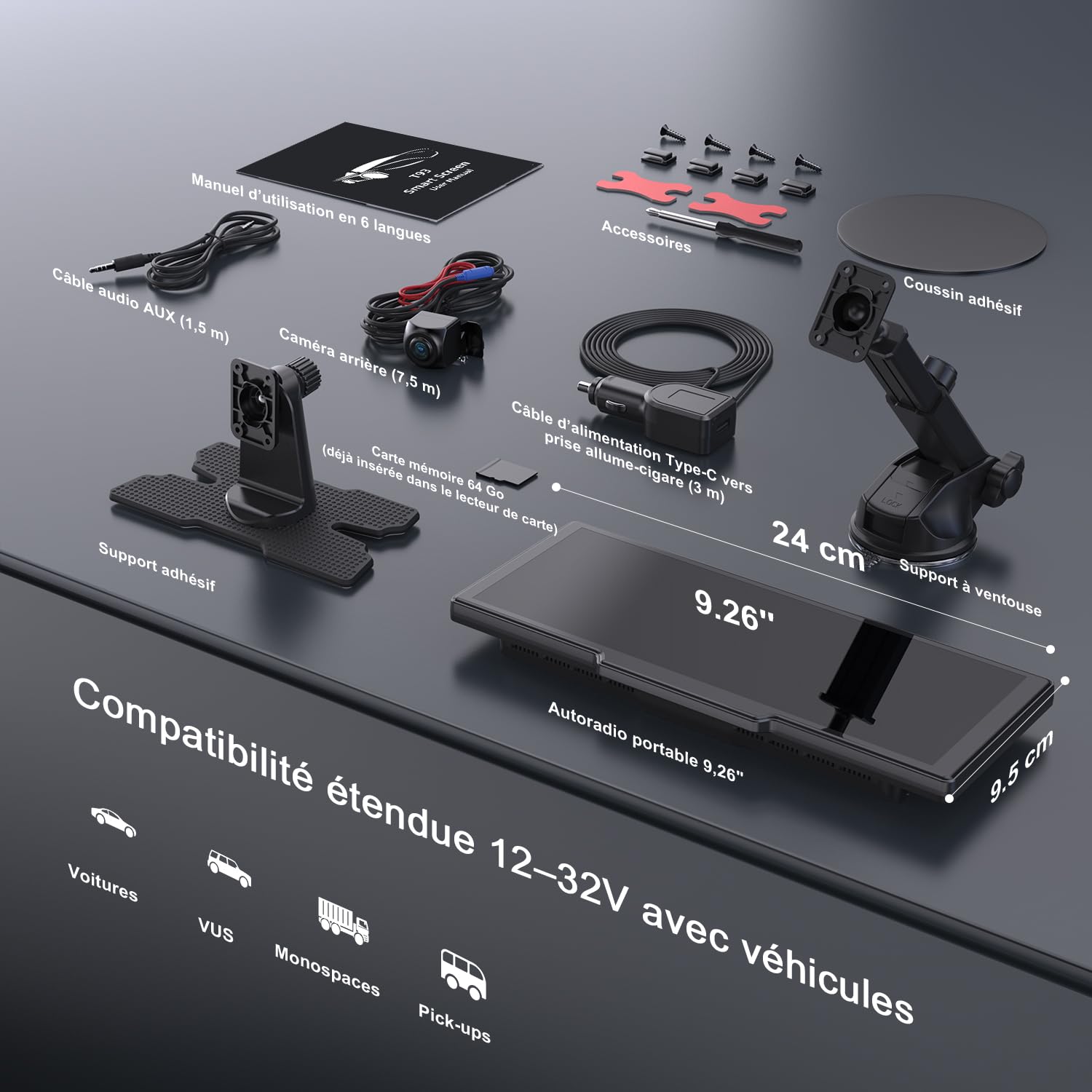 Avylet 9,26'' Carplay Voiture Apple CarPlay & Android Auto, dashcam Avant 4K + caméra de recul HD, 60FPS, Mise à Jour OTA, GPS, Commande vocale, Mirror Link, Bluetooth 5.2, AUX, FM，avec 64Go Carte