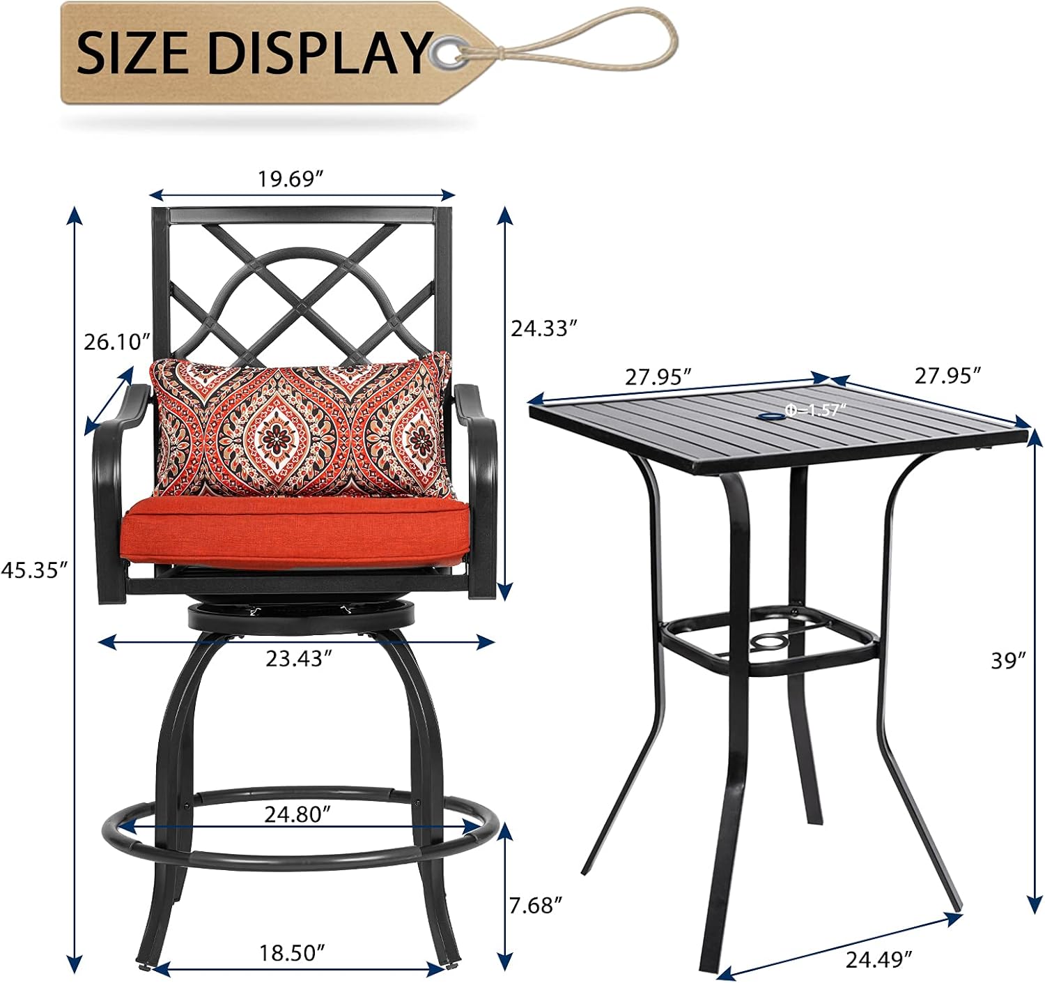 Incbruce 3 Pieces Outdoor Furniture Set, Patio Bar Set - 2 Metal Swivel Cushioned Stools and 1 Classic Bistro Table（Slatted）