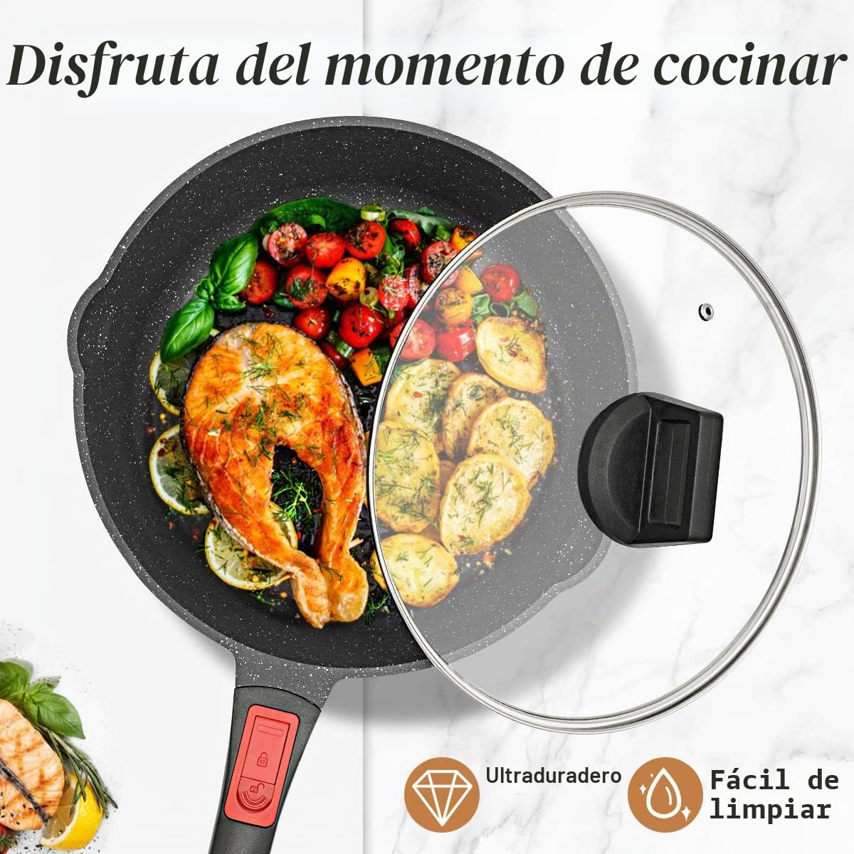Sartén 28 cm de Antiadherente, aluminio fundido con antiadherente con asa extraíble, sartén adecuada Con tapa, Apta para Todo Tipo de Cocina. | Sartén de 7,5 cm de altura interior con mango extraíble, apta para todo tipo de fuegos