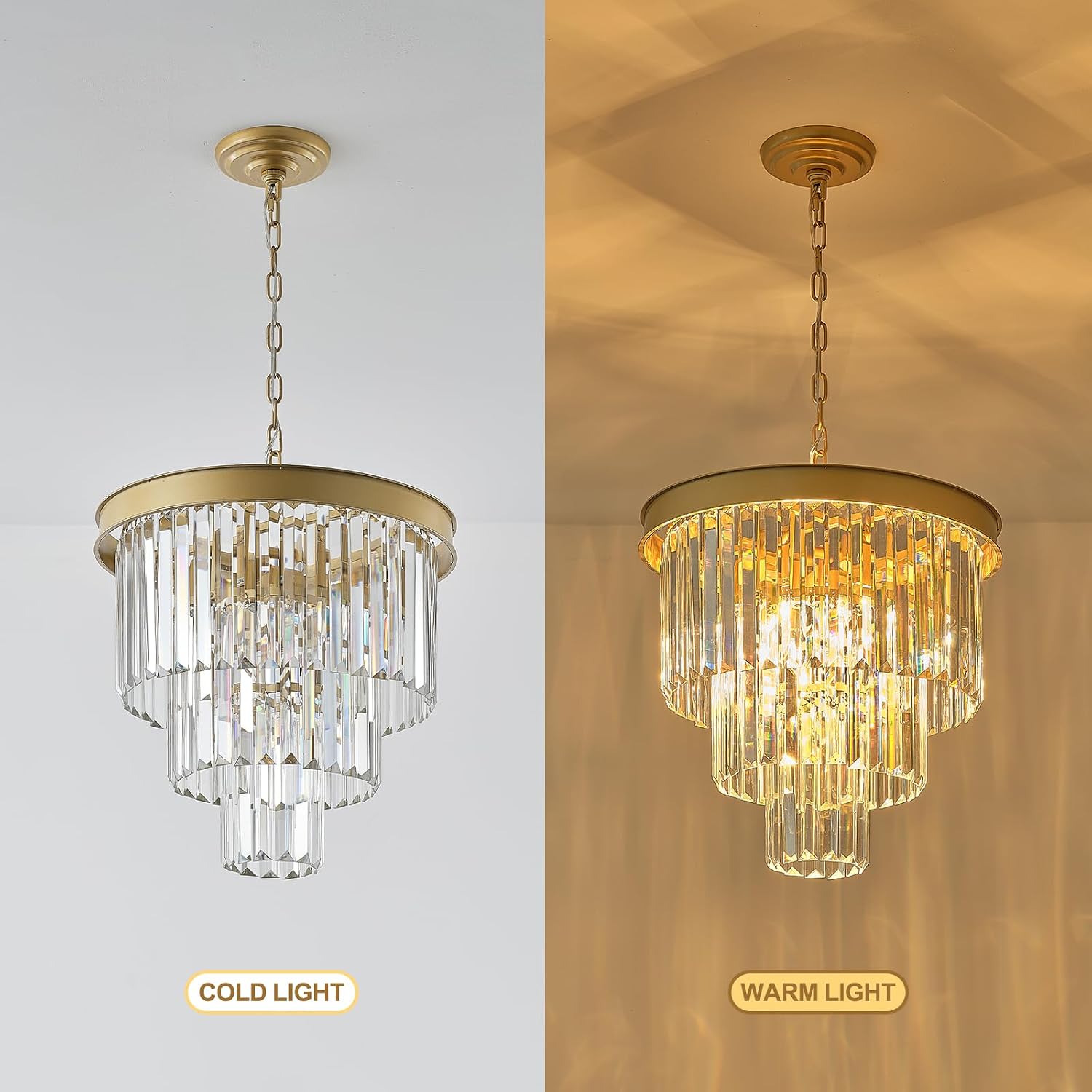 3-Tier Crystal Chandelier Modern Gold 16" Round Chandeliers for Staircase K9 Large Ceiling Pendant Light Fixtures Luxury Chandelier for Living Room Dining Room Foyer