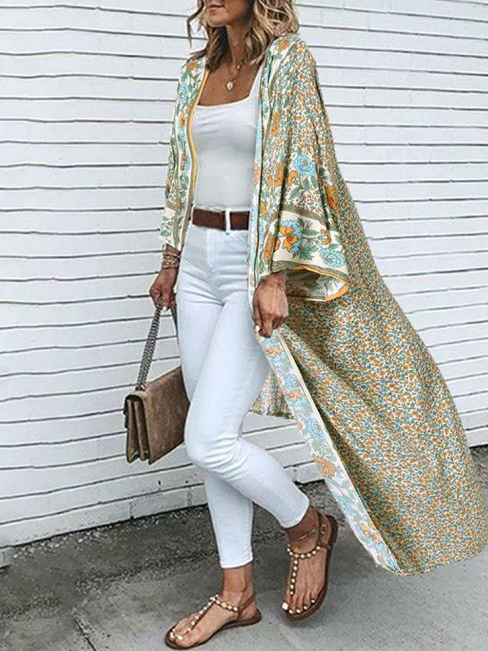 HGJH Strandtunika,Boho Damen Blumendruck Grün Chiffon Blusen Schal Kimono Cardigan Tunika Shrugs Party Tops Casual Beach Bikini Cover Ups Leichte Cardigans Mit Offener Vorderseite Für Mädchen Damen