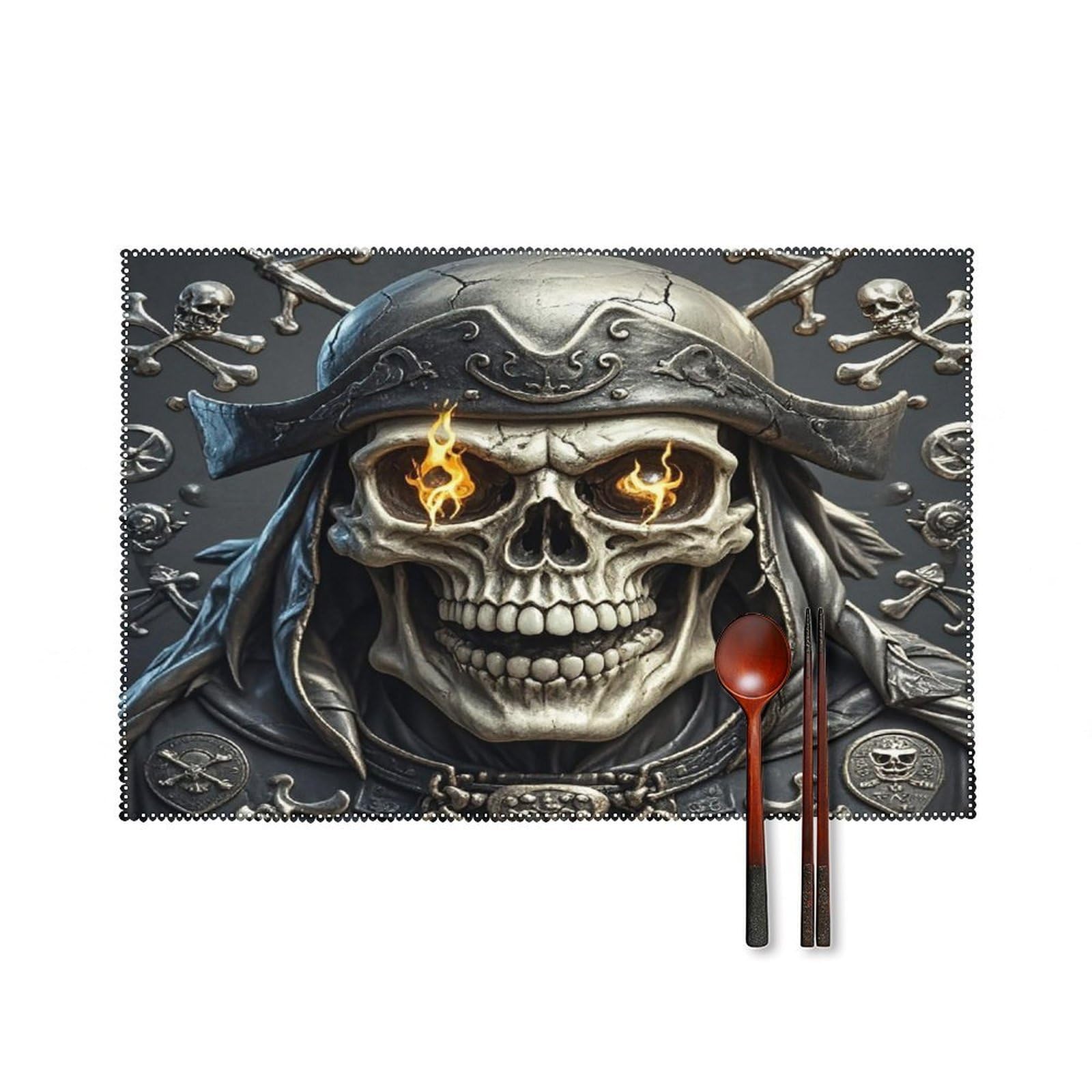 Pirate Skull Placemats Set of 6 Heat-Resistant Washable Place Mats Wipeable Kitchen Placemat Easy to Clean for Indoor Outdoor Party Kitchen Decoration