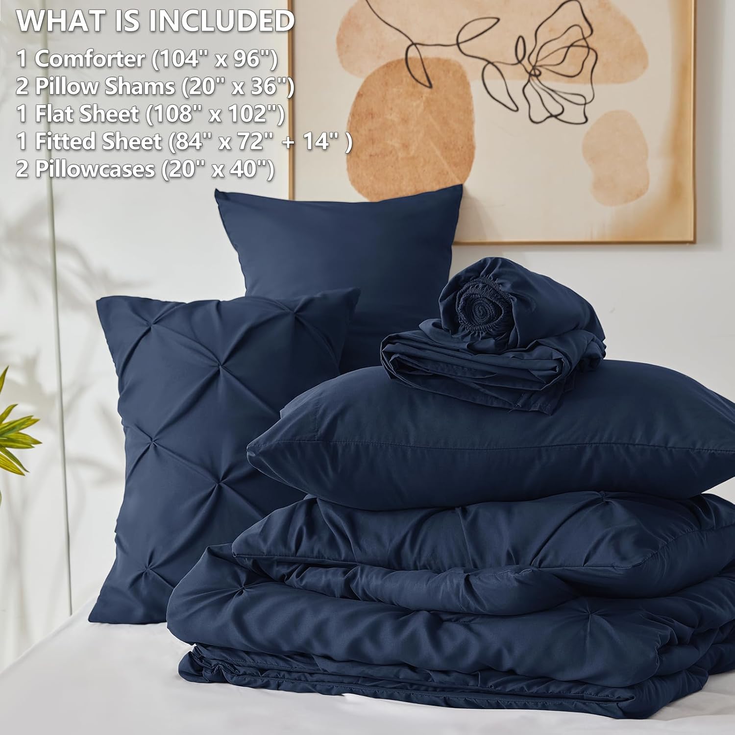 CozyLux California King Comforter Set Navy Blue - 7 Pieces Cal King Pintuck Bed in A Bag Gift for Family, Pinch Pleat Bedding Sets with All Season Comforter, Sheets, Pillowcases & Shams - Image 7