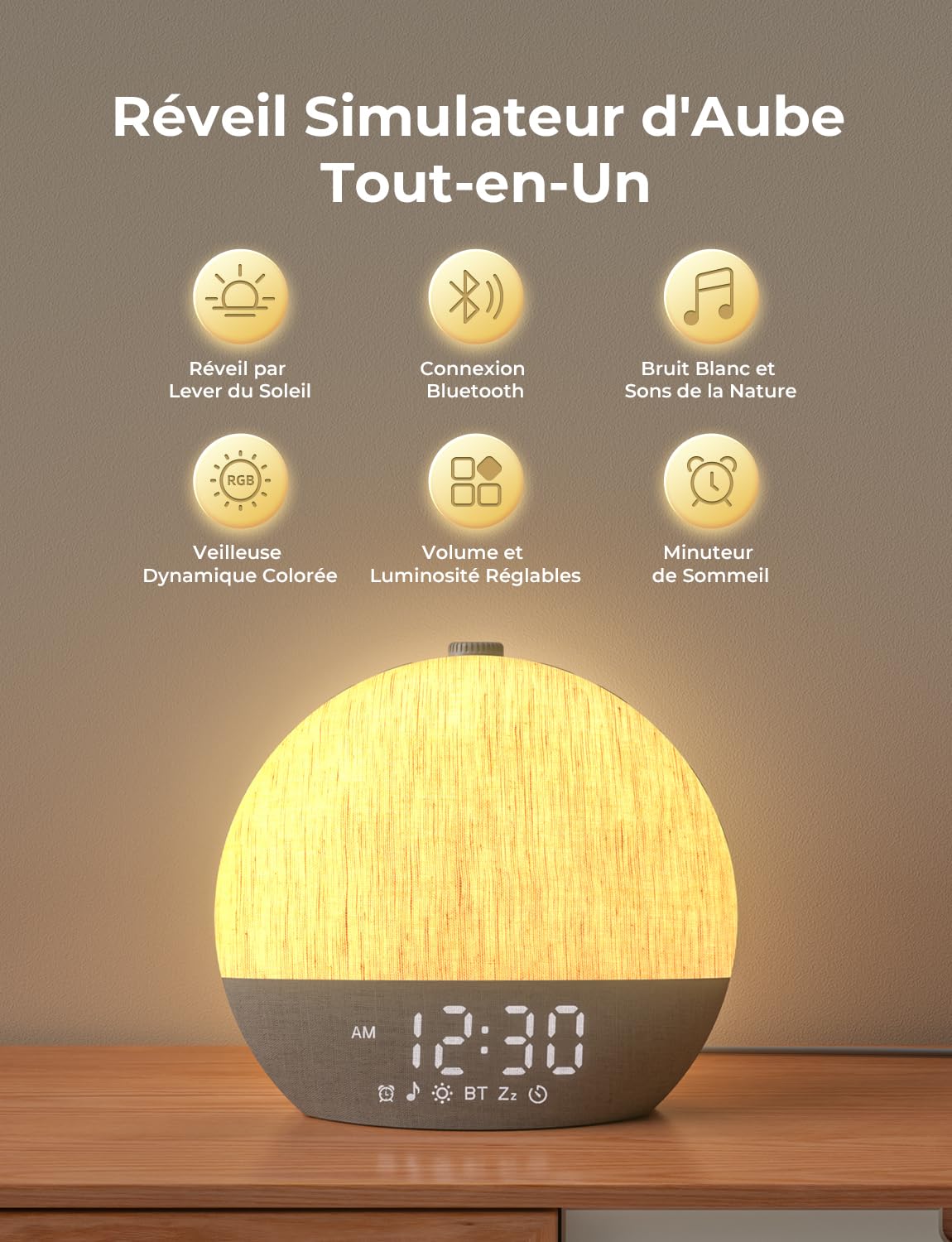 LIORQUE Reveil Lumineux Simulateur Aube, 30 Sons, Bluetooth, 17 Effets | Simulation 60min, Veilleuse 17 Effets 20 Niveaux, Minuteur 180min, Design Tissu, Ecran Extinction, Port Charge 5W