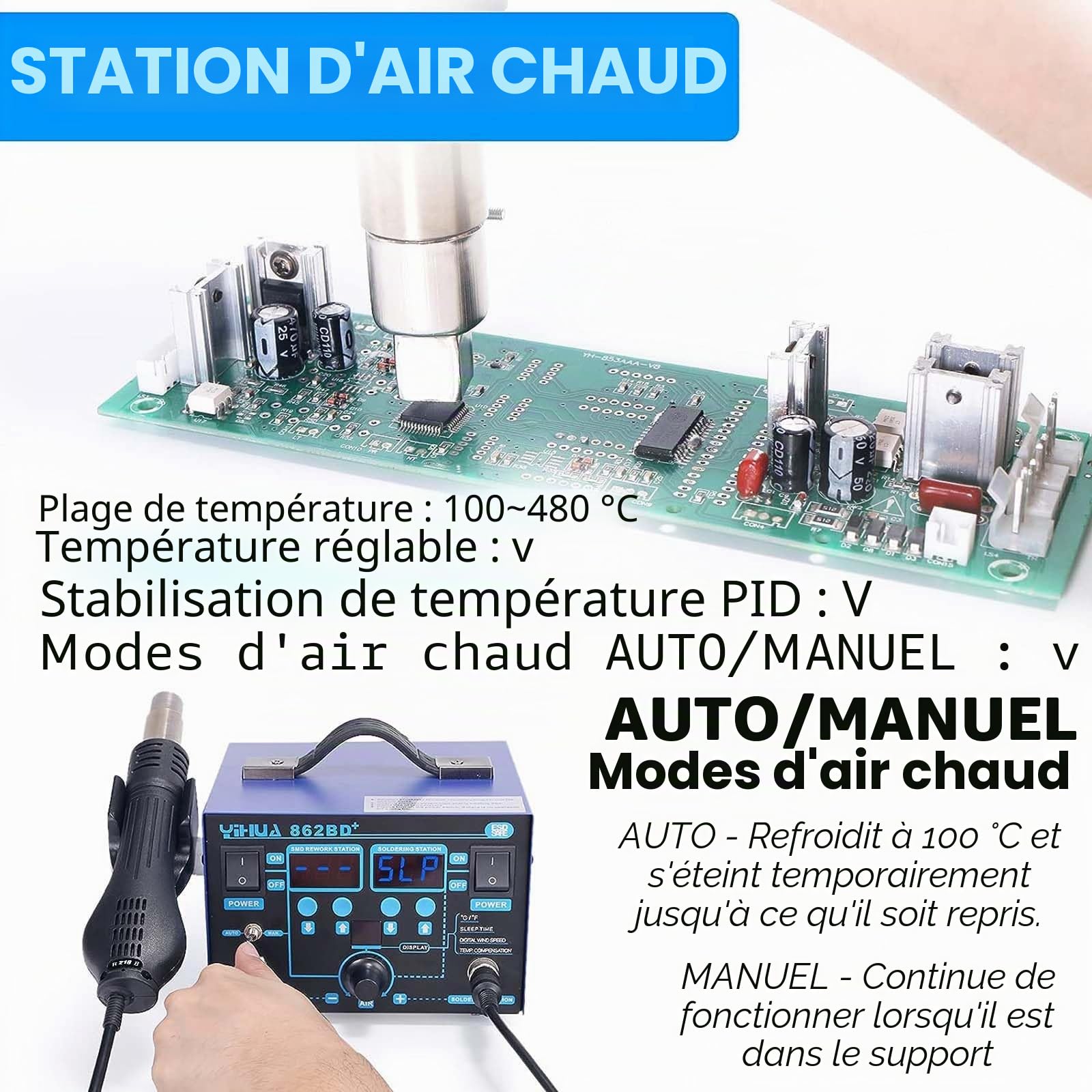 YIHUA 862BD+ Station de Soudage à Air Chaud et de Fer à Souder pour CMS, station 2 EN 1 avec fonction de stabilisation de la température et projets de bricolage électronique de réparation(EU PLUG)