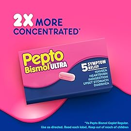 Pepto Bismol ULTRA Caplets, Upset Stomach Relief, Nausea Relief, Heartburn Relief, Indigestion Relief, Anti Diarrhea Medication for Adults - 5 Symptom Relief, 48 ct (2x24 ct)