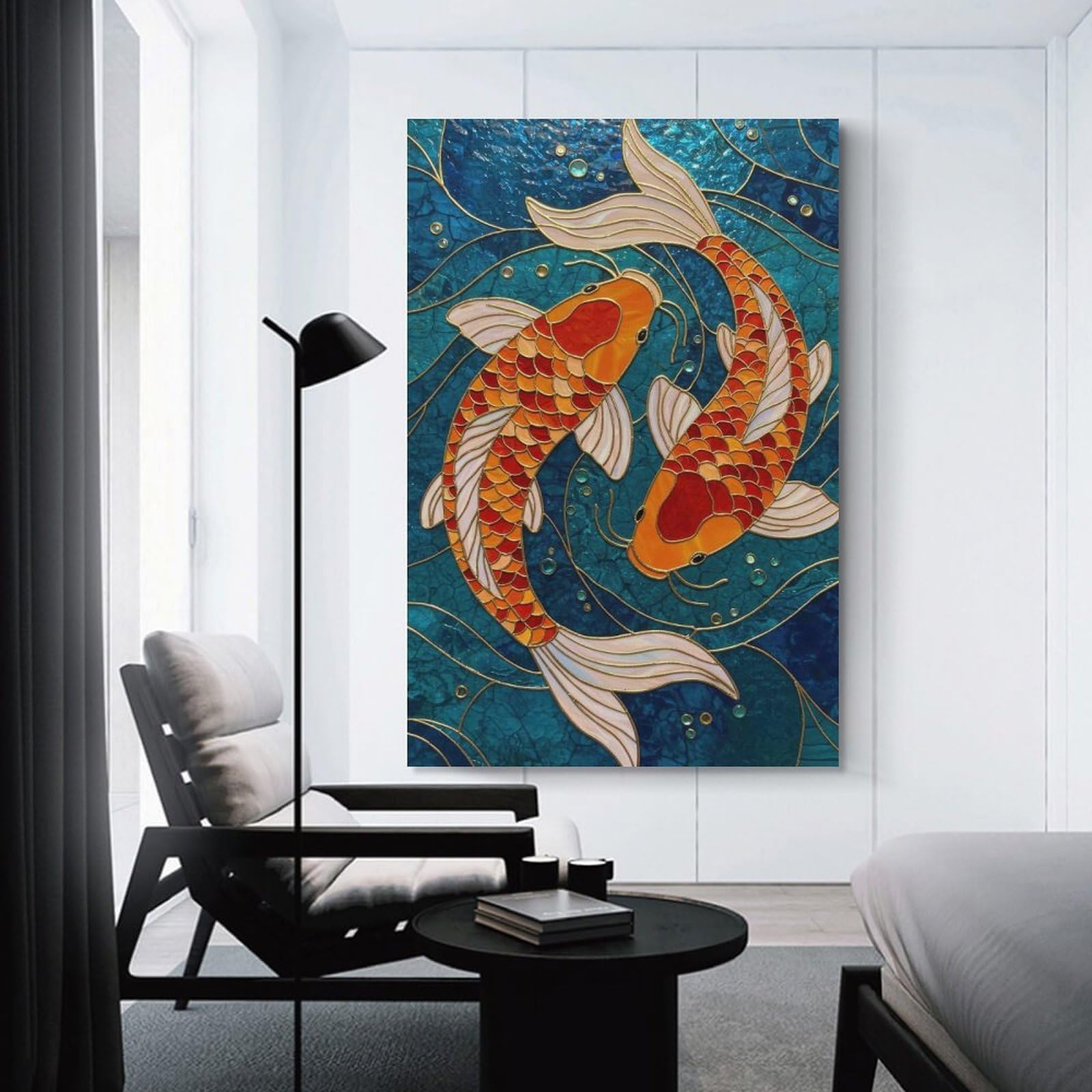 Junmoney Two Koi Fish Stained Glass Canvas Wall Picture, 08x12inch(20x30cm), for Wall Displays, Bedrooms Or Room Updates, Wall Decor Suited to Curated Displays