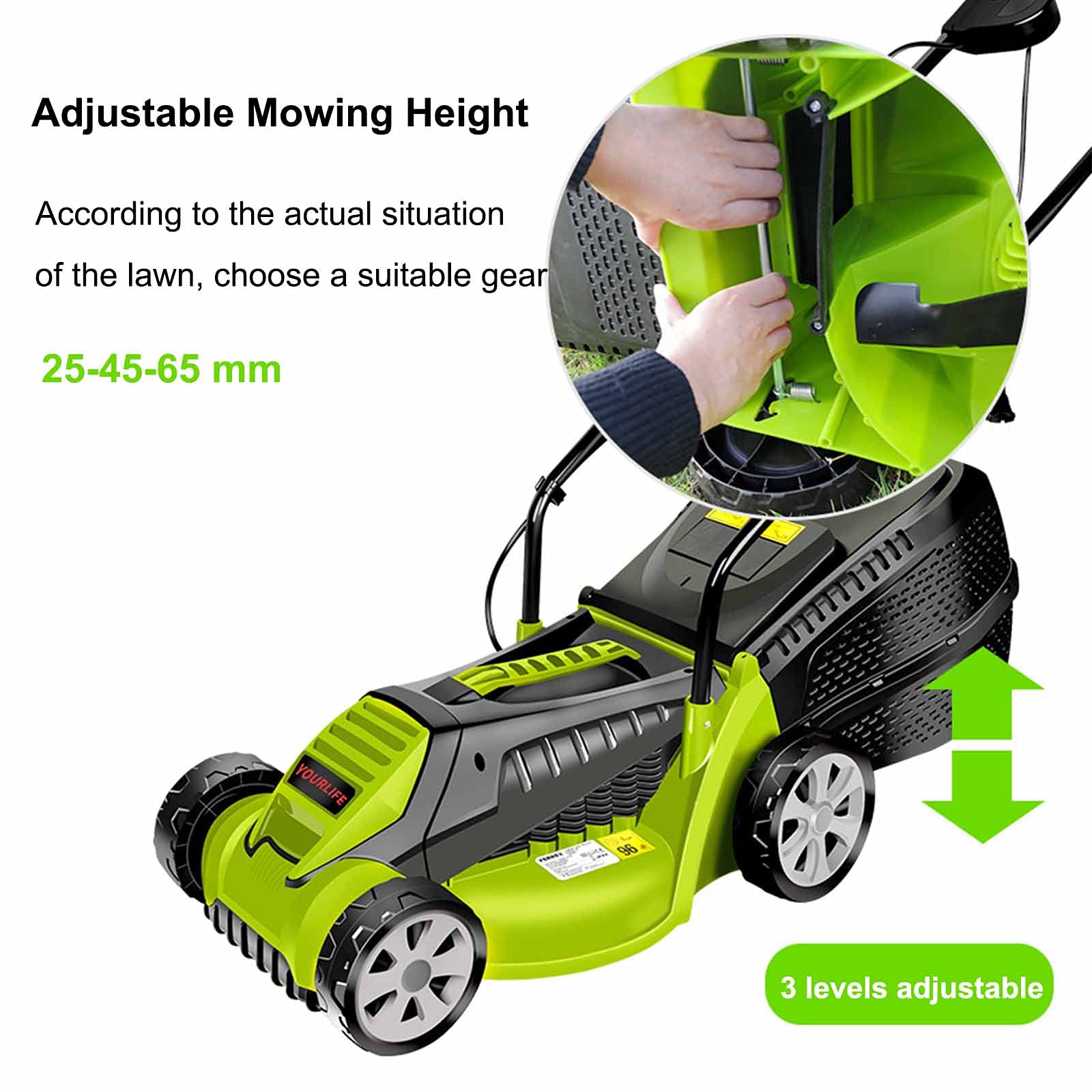 Arieggiatore Elettrico con Cavo, spazzatrice da Giardino a Spinta da 13 Pollici, robuste Ruote in Gomma e Altezza di Taglio Regolabile, Tosaerba Leggero con Guida da Terra Trasparente, Verde