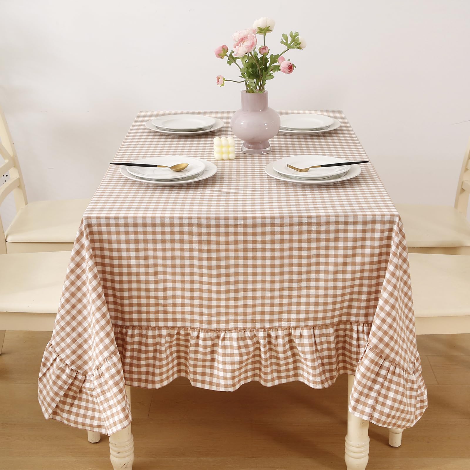 Taupe Plaid Ruffled Table Cloth for Rectangle Table Seat 4-6, 100% Washed Cotton Brown Classic Farmhouse Fall Checker Gingham Vintage Decorative Tablecloth - 70"x52"