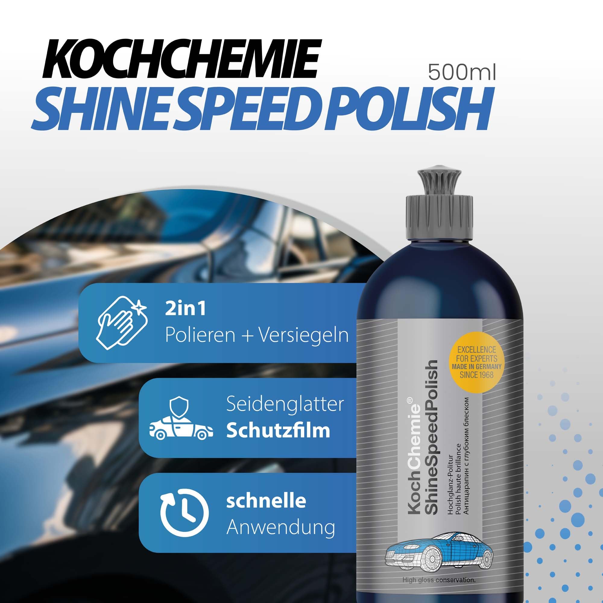 Autopolitur Set | Koch Chemie Shine Speed Polish 500ml für ein einzigartiges Hochglanz-Finish + Polierschwamm + Poliertuch | Auto Lack Politur geeignet für Handpolitur und Poliermaschine