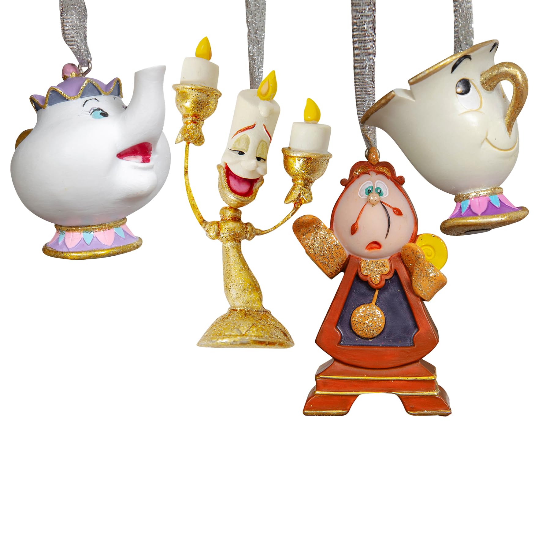 Widdop And Co Brown, White & Gold Disney - Set Of 4 Beauty & The Beast Resin Hanging Decorations - Cogsworth, Chip, Lumiere & Mr's Potts - Christmas/Xmas Tree Glitter Ornaments - Licensed Gifting & Homeware.