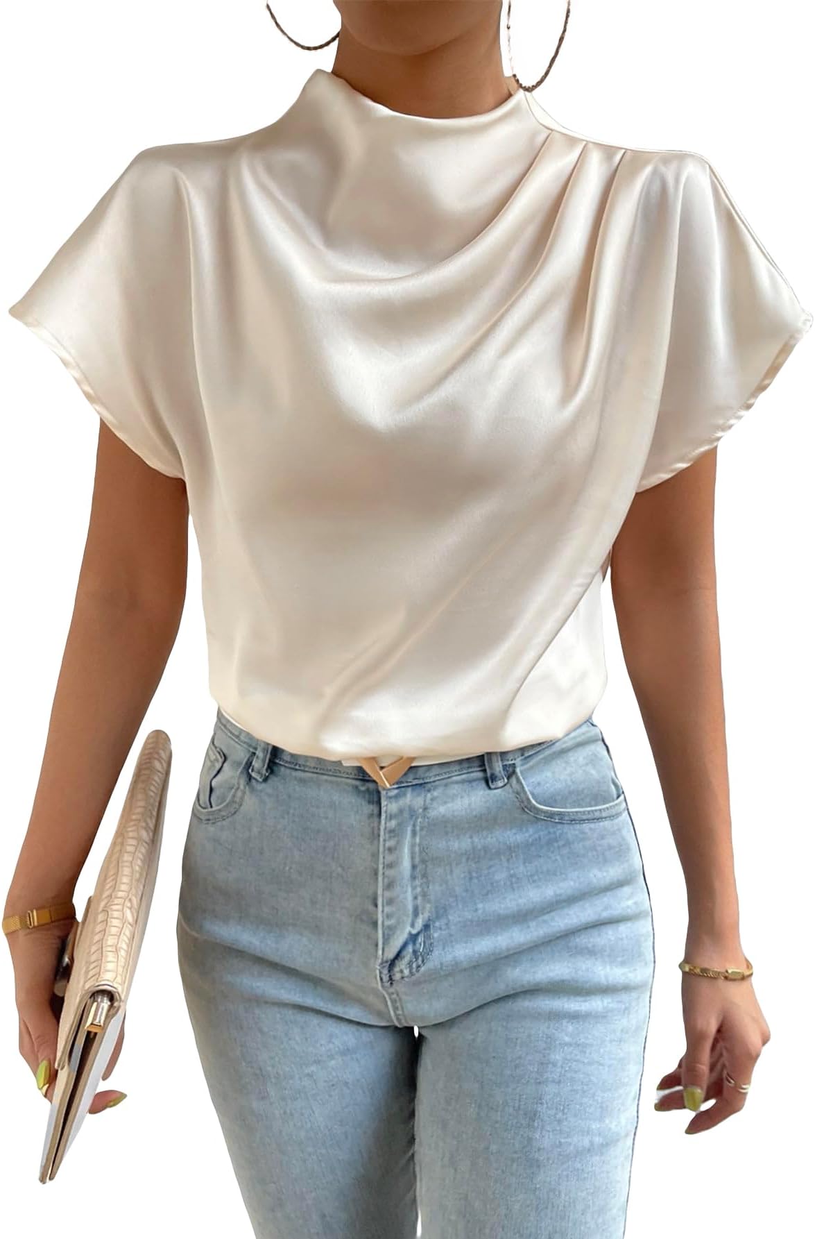 Women's Elegant Satin Short Sleeve Mock Neck Blouse Shirt Top