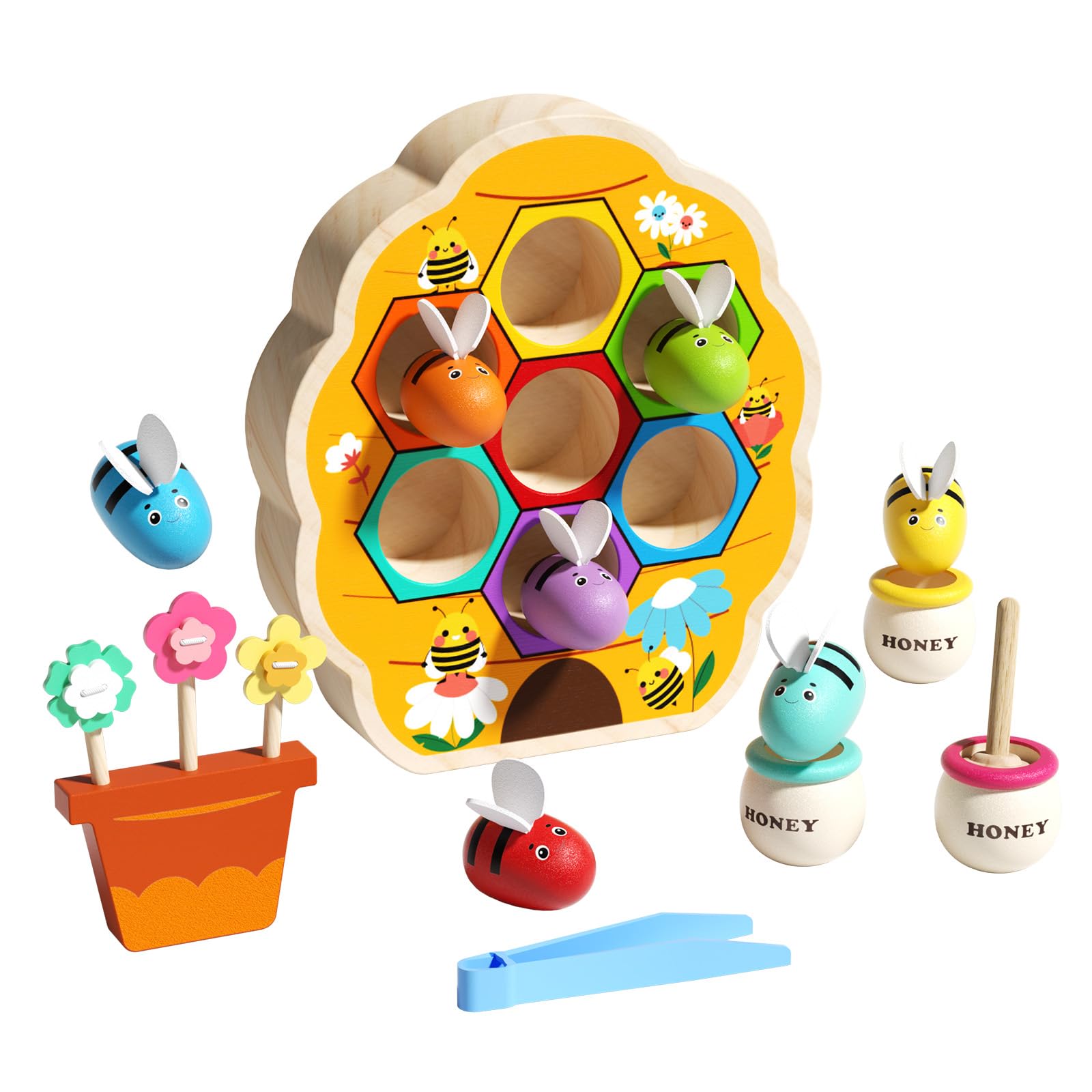 edutree Montessori Wooden Bee Sorting Toy for Toddlers, Colour Matching Fine Motor Skills Game with Beehive, Honey Jars, Flowers & Tweezers, Preschool Learning Gift for Boys Girls Age 2 3 4