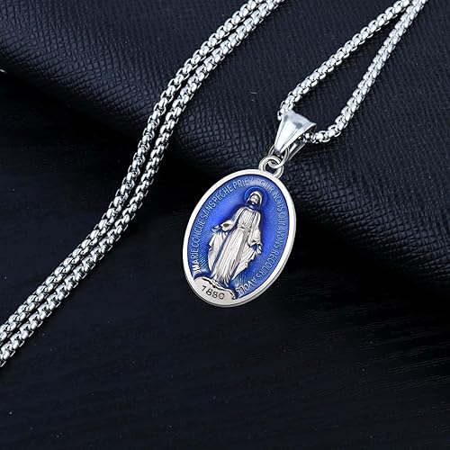 Vista 5 de 20 dijes ovalados de Medalla de la Virgen Milagrosa de aleación de esmalte azul Nuestra Señora para mujeres y hombres, collar católico de bricolaje