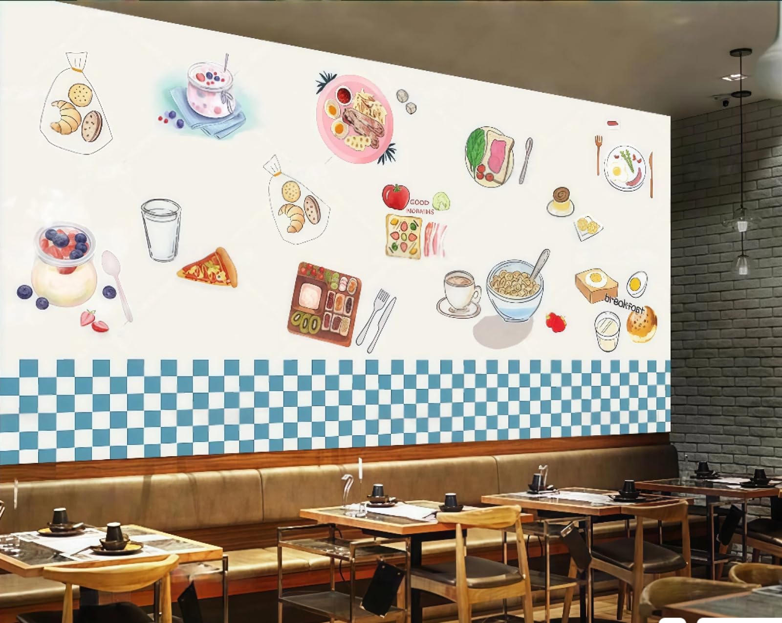 Xdoubao 3D Wallpaper Hand-Painted Green Plaid Small Fresh Bakery Bakery Breakfast Gourmet Coffee Shop Background Mural Western Restaurant Wallpaper,,300X210cm