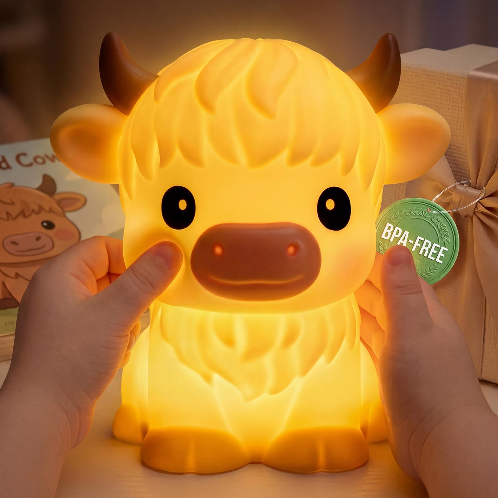 Mewaii Highland Cow Nachtlicht Kinder, Silikon Hochlandrind Lampe Wiederaufladbar mit 3 Helligkeitsstufen und 30min Auto-Ausschalt-Timer, Kuh Geschenk Nachtlicht Baby für Babyzimmer & Geschenke