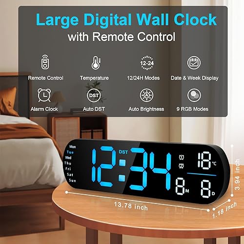Miniatura 2 de Reloj de pared digital de 13.7 pulgadas, pantalla grande con control remoto, reloj de pared digital grande LED con cambio de color RGB, temperatura