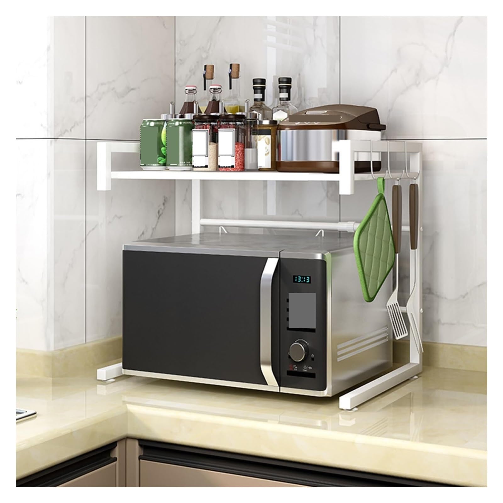 FYIYIEW spice rack, Extendable Microwave Oven Rack Adjustable For Kitchens Countertop Organizer Shelf(White)