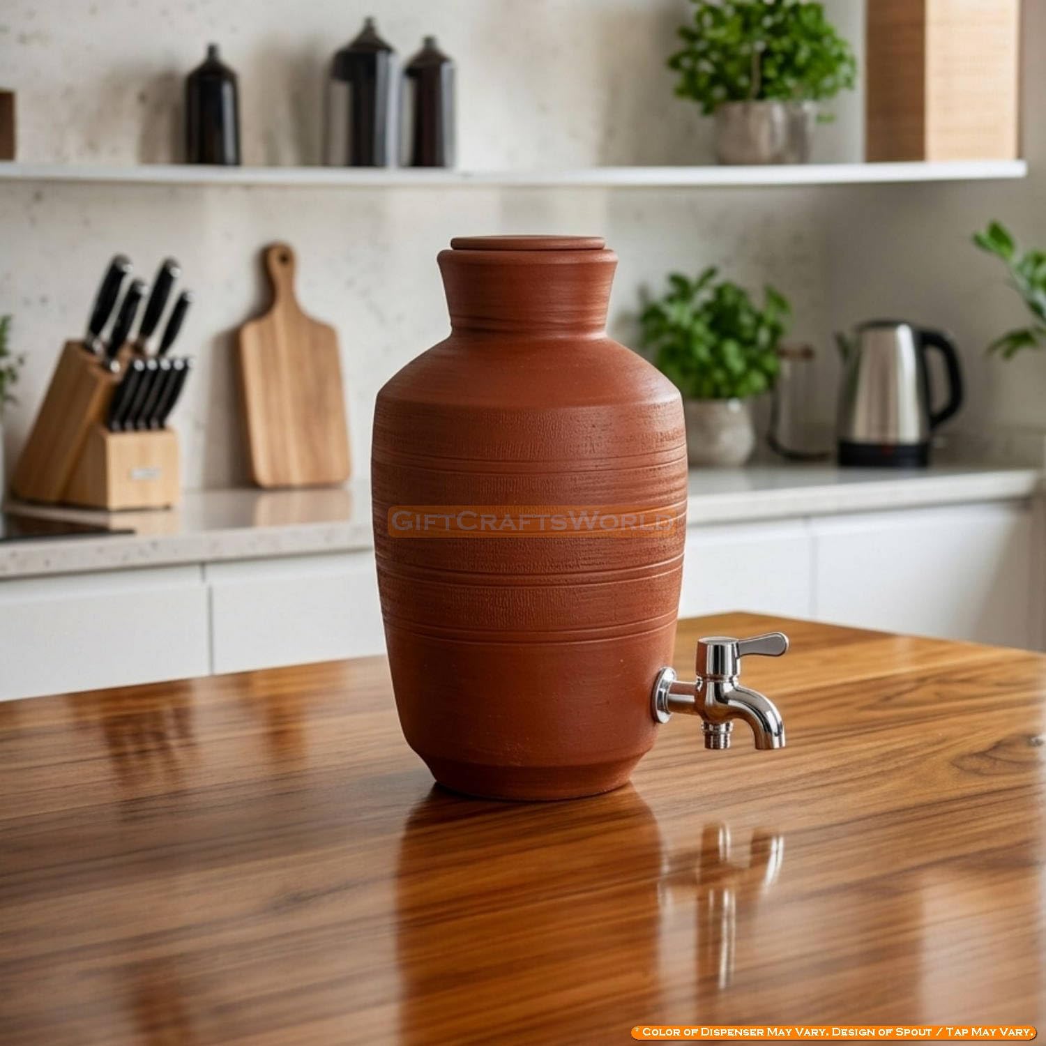 GiftCraftsWorld Terracotta Clay Water Dispenser with Tap and Lid - Mitti Ka Ghada for Water Cooling, Eco Friendly Earthen Pot, Traditional Home Kitchen Drinkware Storage Container (5 Liters)