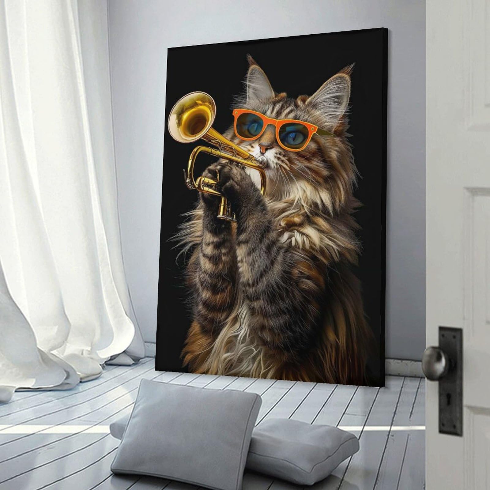 Junmoney Maine Coon Trumpet Canvas Wall Picture, 24x36inch(60x90cm), for Front Hall, Corridor Or Welcome Spaces, Wall Decor to Refresh Empty Corners