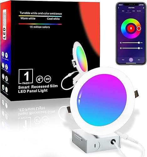 MELEGAN Iluminación empotrable inteligente de 4 pulgadas, luces LED empotrables delgadas de 9 W, RGB WiFi, retrofit con caja de conexiones, funciona