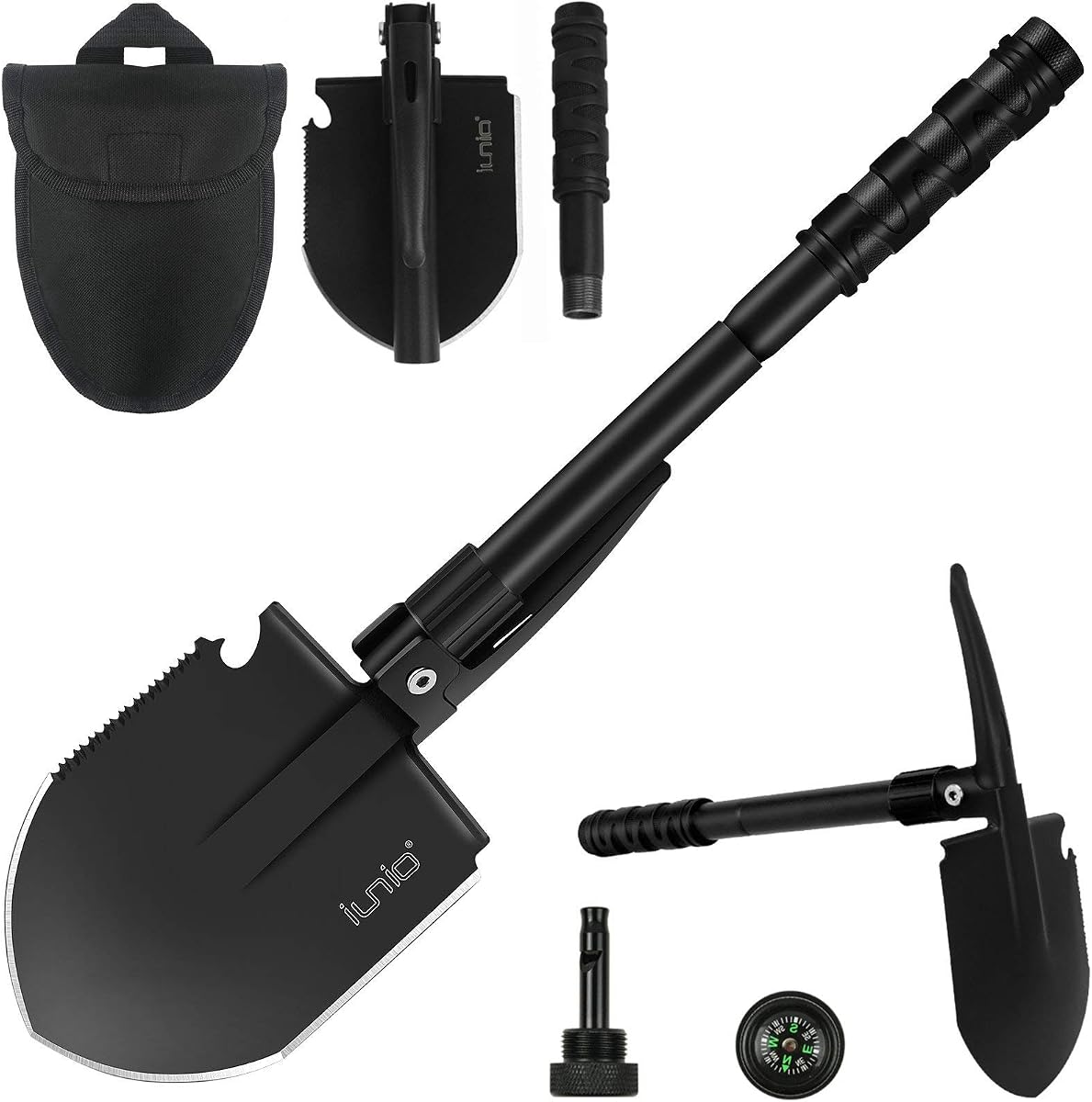 iunio Folding Camping Shovel w/Pick, 18.3in Heavy Duty Carbon Steel Shovel | Military-Grade Entrenching Tool, Collapsible Survival Shovel for Car Emergency Pickaxe Camping Trenching Hiking Gardening