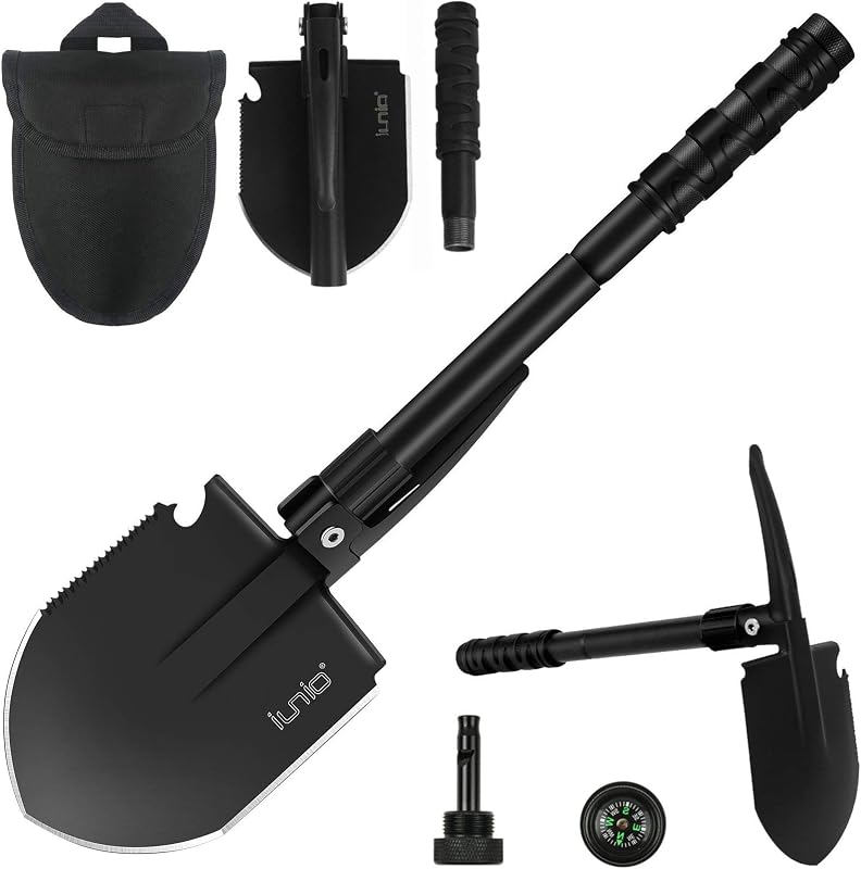iunio Folding Camping Shovel w/Pick, 18.3in Heavy Duty Carbon Steel Shovel | Military-Grade Entrenching Tool, Collapsible Survival Shovel for Car Emergency Pickaxe Camping Trenching Hiking Gardening