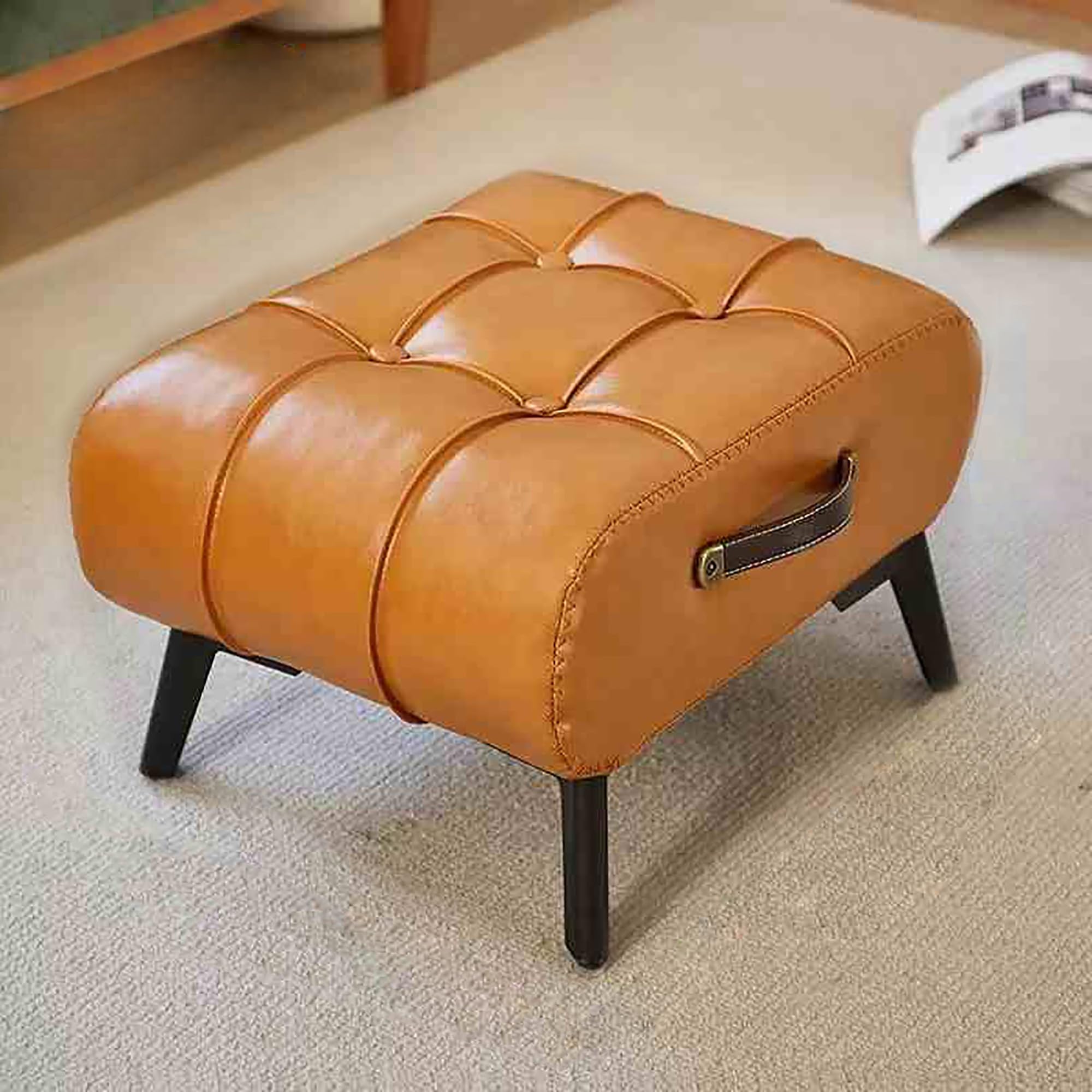 LMMIAOZ Vintage Solid Wood Frame Ottoman Foot Rest Leather Footstool for Couch Pouffe Shoe Change Stool Small Bench Coffee Table Footrest Orange