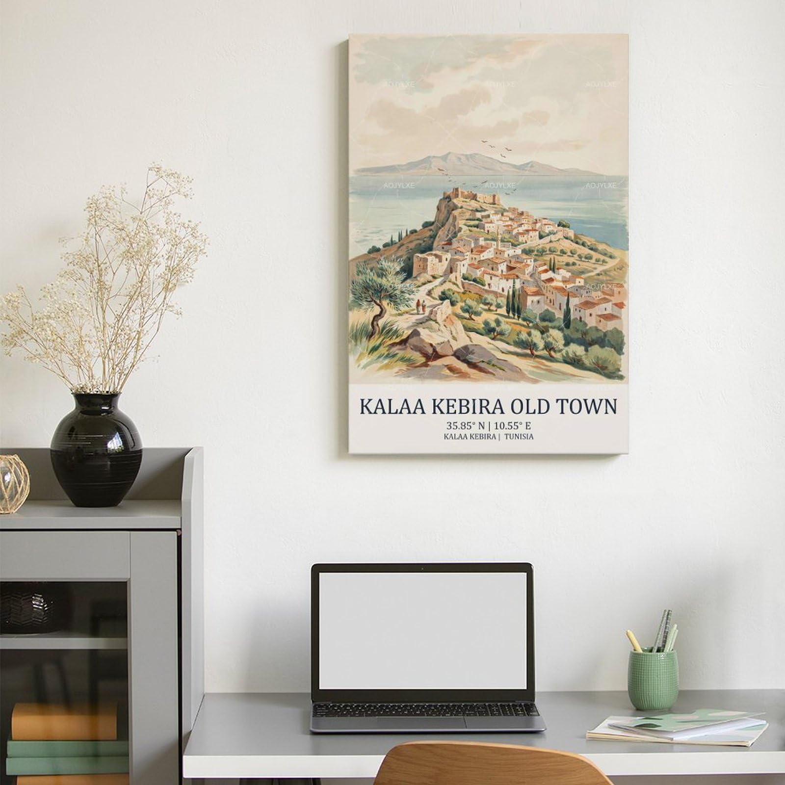 AOJYLXE Kalaa Kebira Old Town Tunisia Watercolor Travel Poster 61x91,4 cm