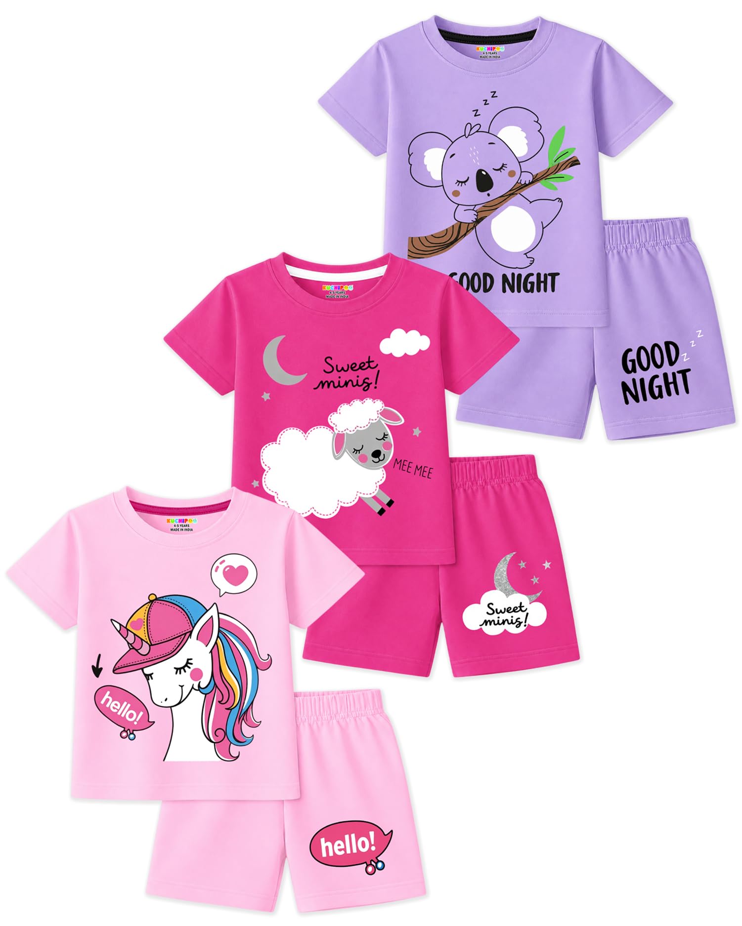 kuchipoo Girls Cotton T-Shirt & Shorts | Printed Summer Wear Set | Soft & Comfortable Kids Clothing | Pack of 3-picture-40
