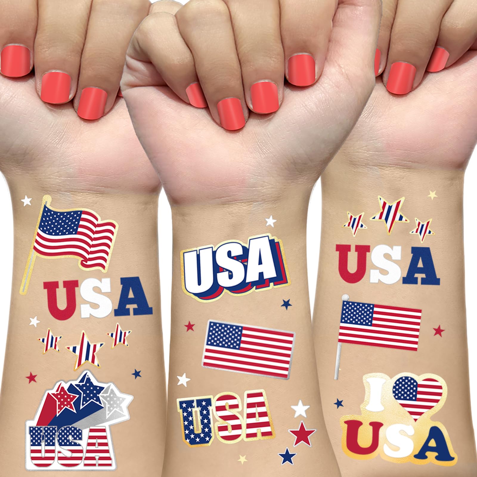 AOYOO 4th of July Decorations Tattoos | 70 Style USA Flag Independence Day Tattoo Stickers | Memorial Day & Labor Day Party Supplies | Red White Blue American Celebration Decorations