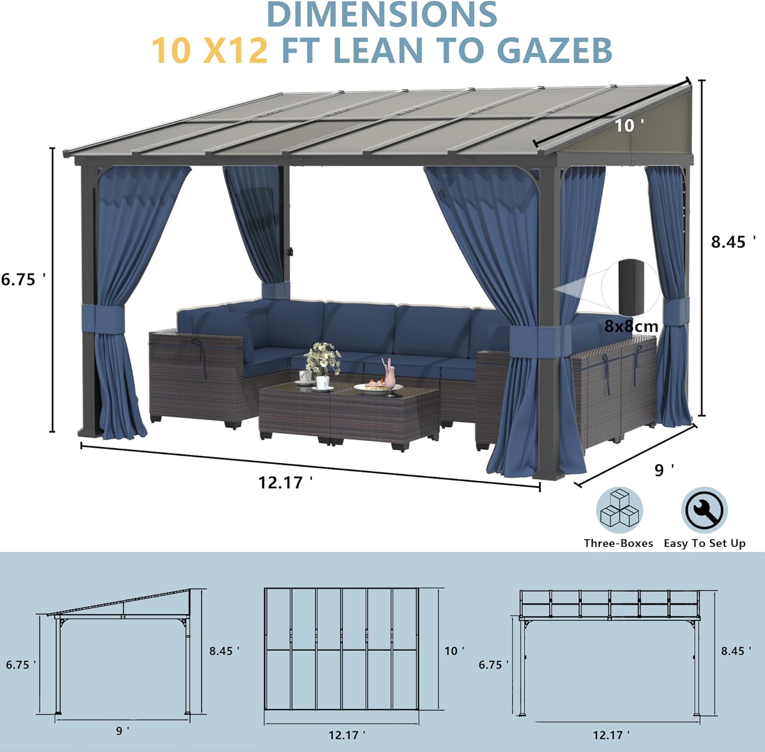 Kurapika 10’ x 12’ Wall Mount Gazebo Outdoor Pergola, Hardtop Lean to Gazebo Canopy Awnings with Sloped Roof and Sturdy Steel Frame, for Patio, Porch, Deck, Backyard(Navy Blue)