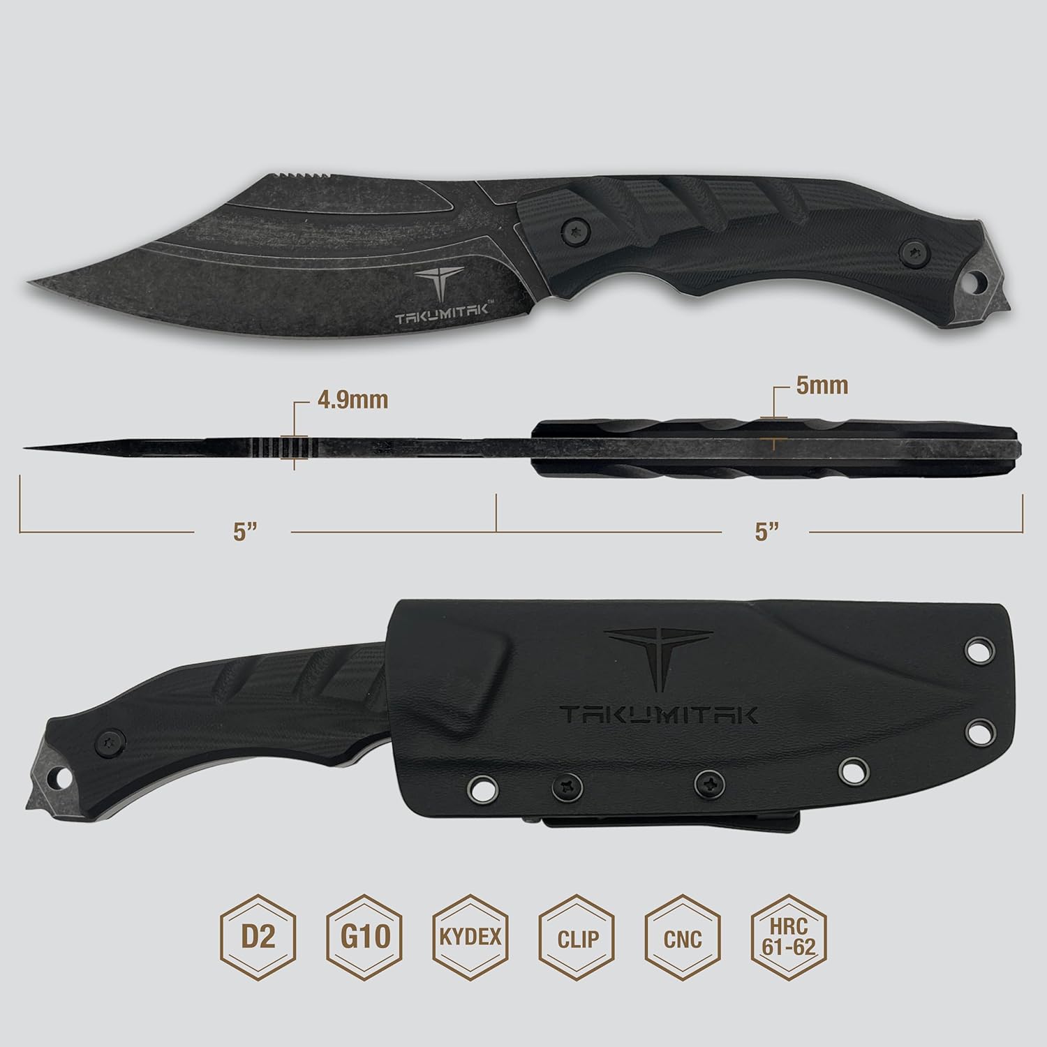 Tactical Knife Hunting Knife Survival Knife D2 Clip Point Blade G10 Handle Kydex Sheath Molle Clip Fixed Blade Knives Camping Accessories Camping Gear Survival Kit Survival Gear And Equipment Tactical Gear Hunting Gear EDC Knife EDC Gear 40161 (Stonewash TKF210SW)