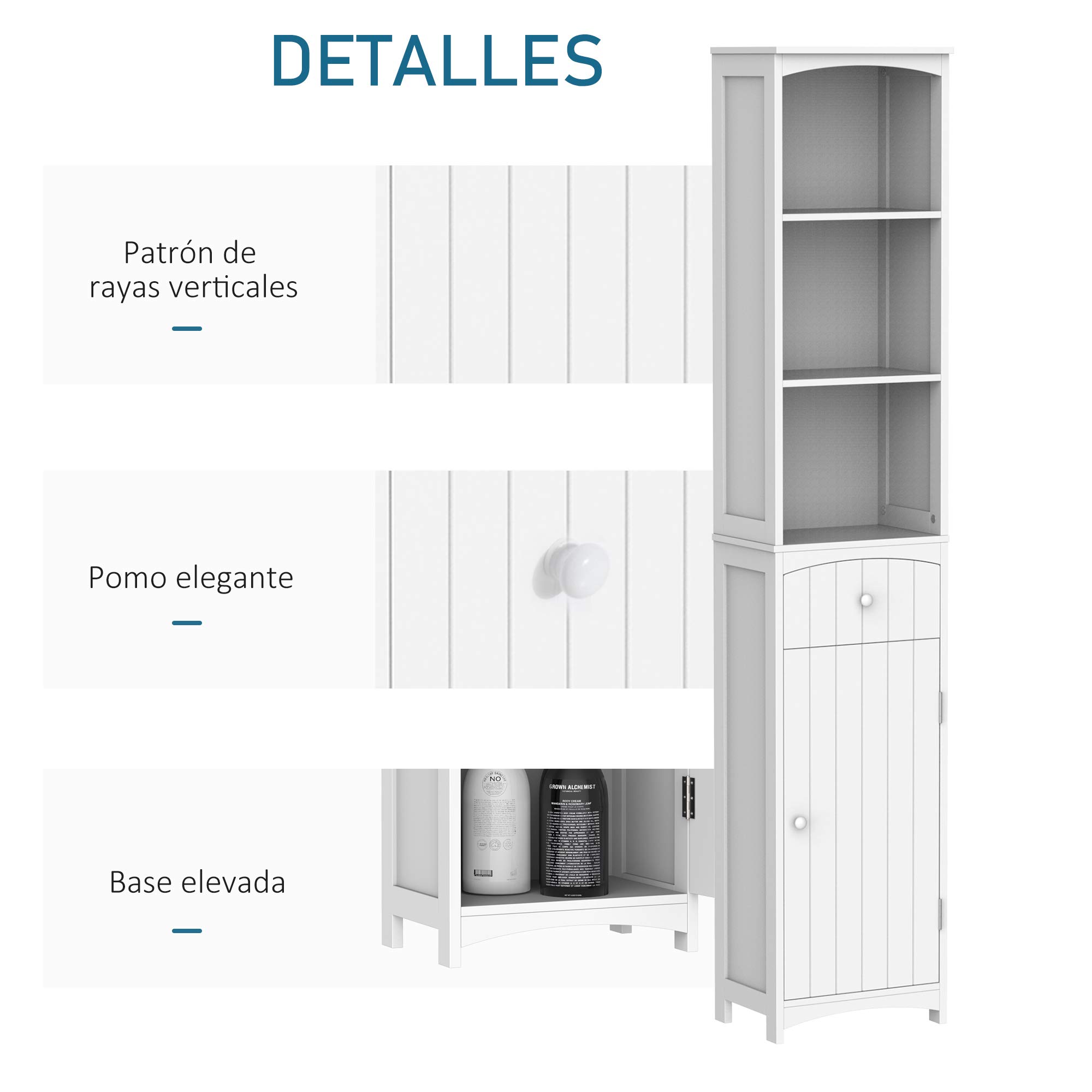 HOMCOM Armario Alto de Baño Estrecho 1 Cajón Moderno 34x24x170 cm Blanco | 3 Estantes Abiertos, Columna de Baño, para Salón, Aseo, Cocina