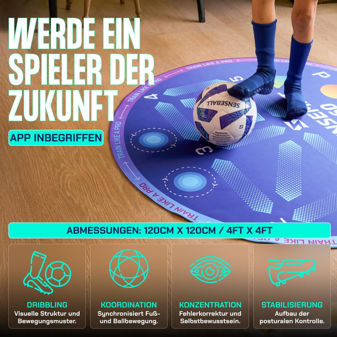 SenseMat 360 Fußball Trainingsmatte - 360° Reaktionstraining für Kinder & Erwachsene - Rutschfest - Mit App-Zugang & 50+ Übungen - Fußarbeit, Koordination & Kontrolle verbessern