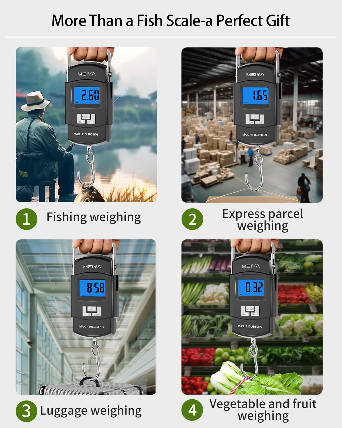 MEIYA Fish Scale 110lb/50kg Digital Fishing Scale with Backlit LCD, Portable Handle, Stainless Steel Hook & 2 AAA Batteries – Reliable Fishing Gear & Great Fishing Gifts for Men