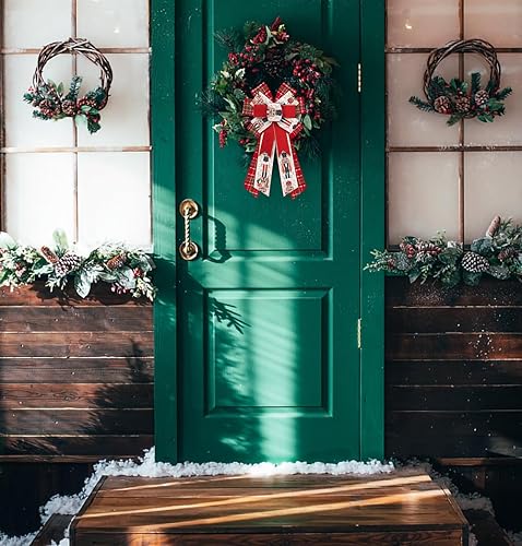 Miniatura 9 de Glodecart Lazo grande de Navidad para corona, lazo de terciopelo rojo a cuadros para decoración de Navidad, arco de copo de nieve de invierno para
