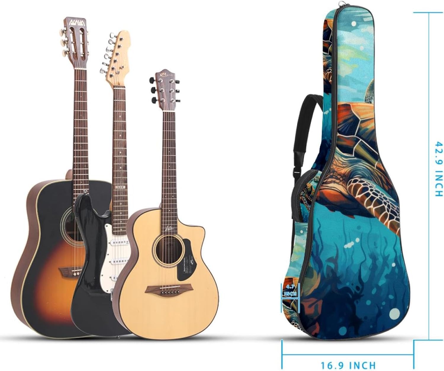 Acoustic Guitar Bag, 40 41 42 Inch Guitar Case Cover Soft Guitar Gig Bag for Acoustic Electric Bass Classical Guitar, Sea Turtle Undersea Pattern