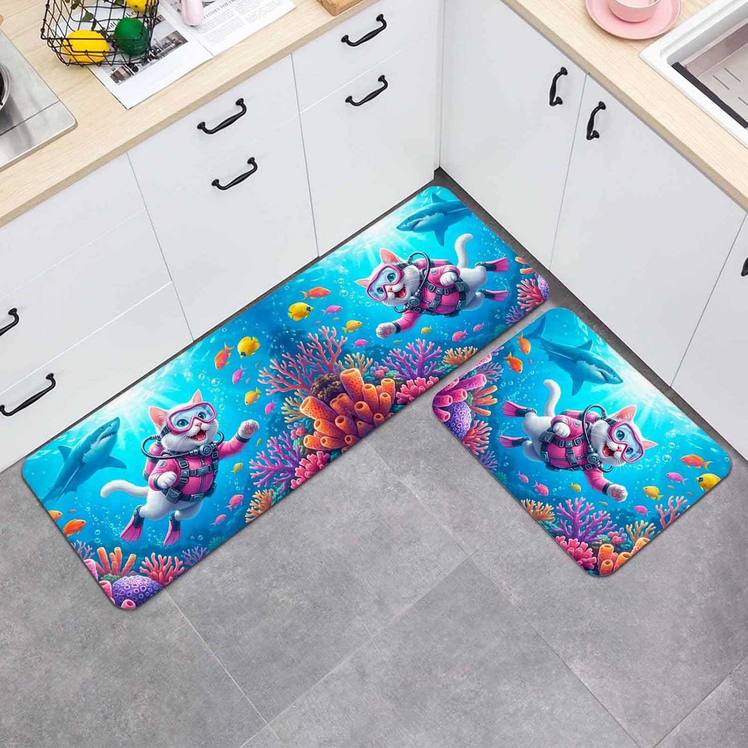 Prime Leader Cute Cat Kitchen Mat Set 2 Pieces Pink Diving Suit Shark Purple Coral Fish Summer Non Slip Kitchen Rugs Washable Runner Rug Mats for Floor Sink Laundry Office 19.7" x 31.5"+19.7" x 63"