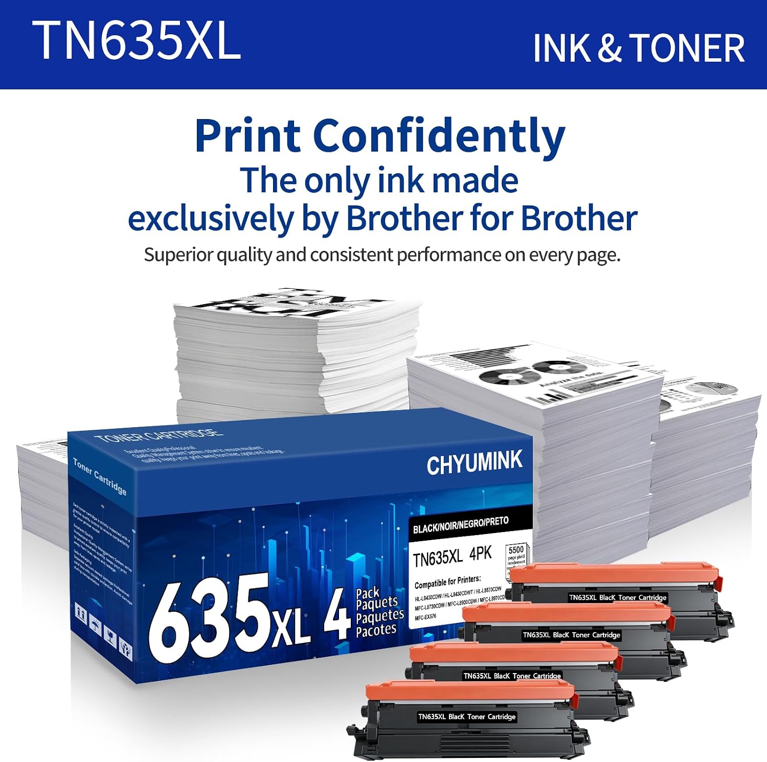 4 Pack TN635 TN635XL Black Toner Cartridge Replacement for Brother TN635XL Toner Work for HL-L8430CDW, HL-L8430CDWT, HL-L8570CDW,MFC-L8730CDW, MFC-L8930CDW, MFC-L8970CDW and MFC-EX575 Printers