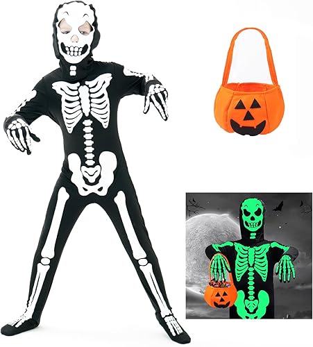 Disfraz de esqueleto que brilla en la oscuridad para niños pequeños mameluco de Fortnite de Halloween para niños y niñas con bolsa de calabaza y