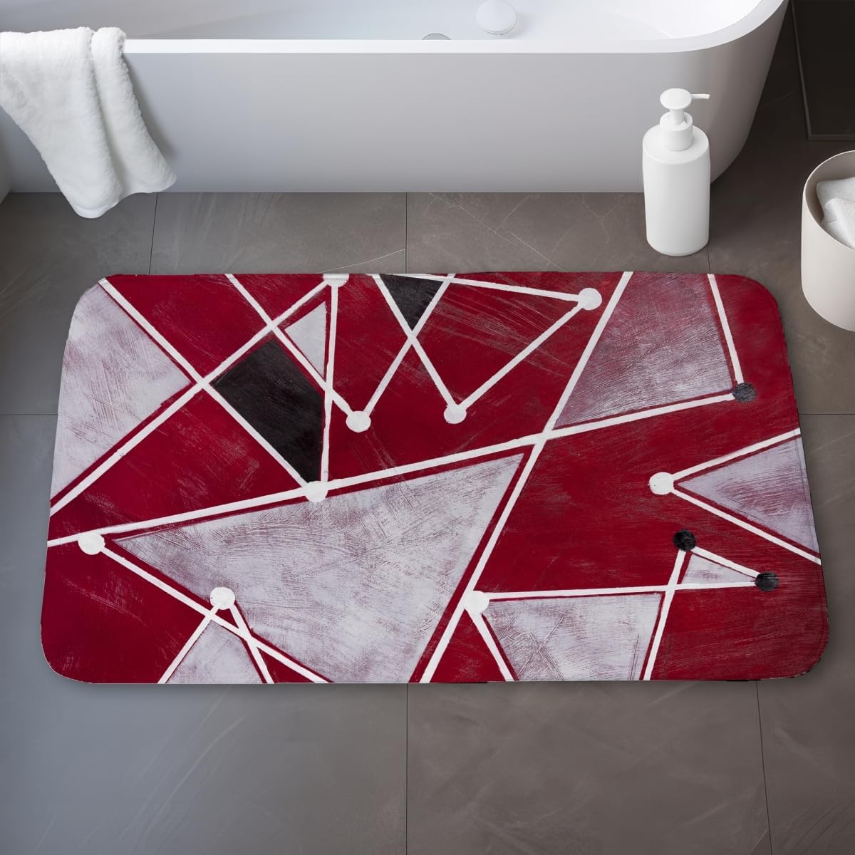 Begin Home Decor C1BM2134KKC5AL 21 x 34 in. Black Shapes Bath Mat - White Triangles on Red Background
