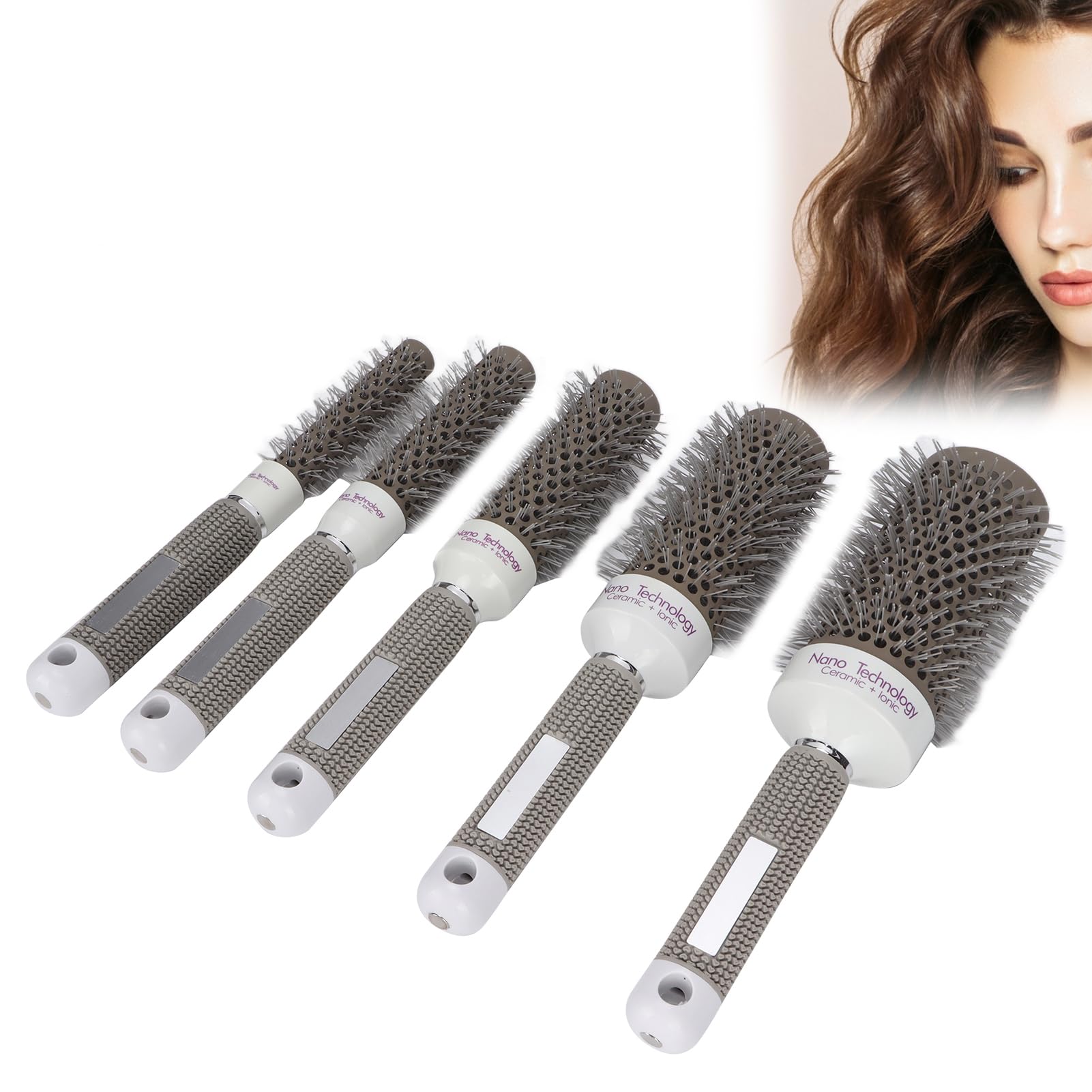 Rundbürsten-Set 5er-Pack mit antistatischem Griff, Wärmebürsten mit negativen Ionen, Nylonborsten für Föhnen und Locken