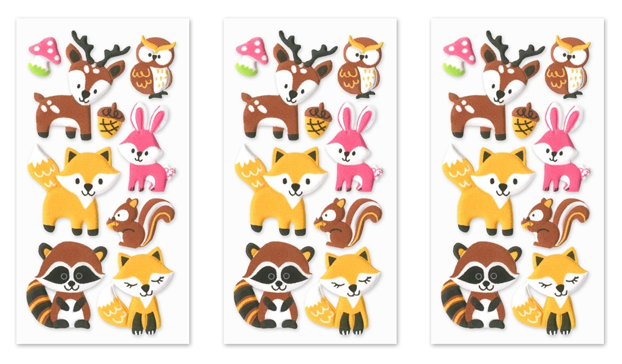 Multicraft Colorful Woodland Critters 3D Puffy Sticker Decals, Pack of 3 Sticker Sheets