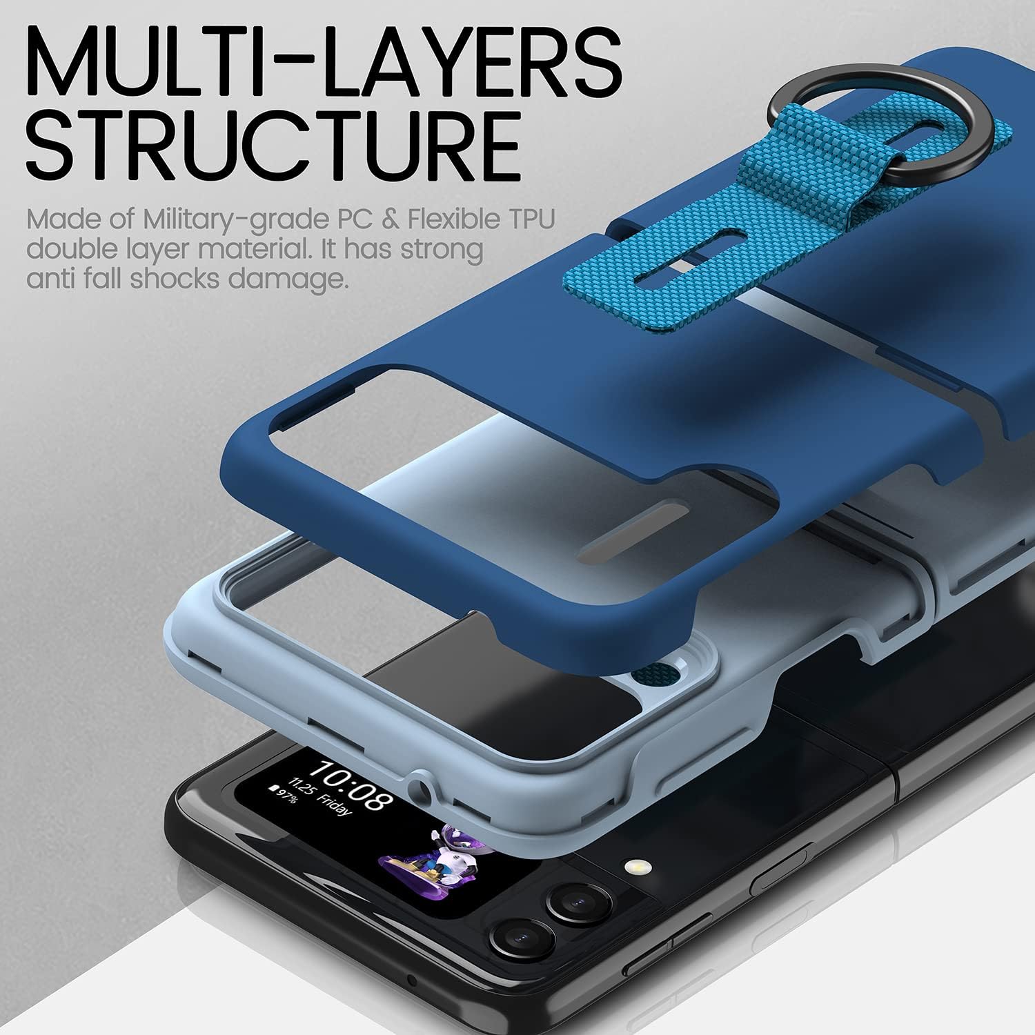 X-FOUR Z Flip 3 Case with Ring Holder, Samsung Galaxy Z Flip 3 5G Cover Silicone Slim Dual Layer [ Upgraded ] Protection Shockproof Blue