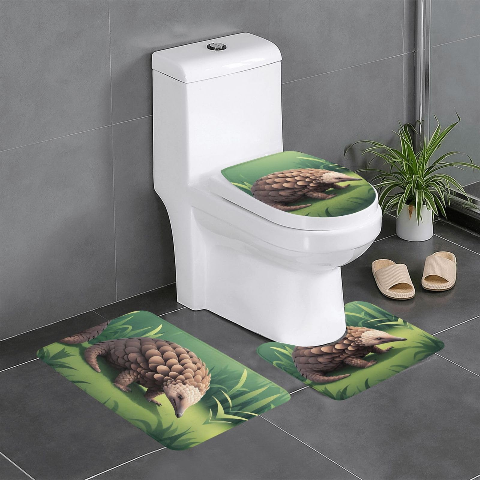 Tapis de salle de bain confort en set de 3 pièces doux avec imprimé pangolin sur l'herbe