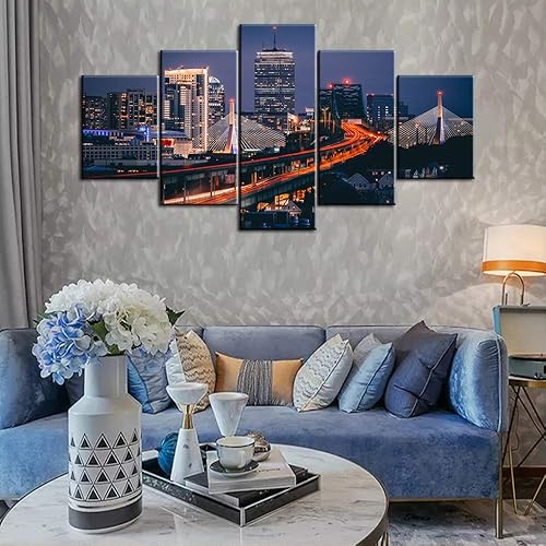 Miniatura 3 de Pintura de nativos americanos, paisaje urbano de Boston, arte de pared de paisaje urbano de 5 paneles, arte contemporáneo para decoración del hogar
