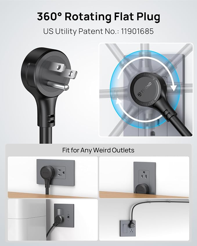 Regleta Protectora contra Sobretensiones TROND con Enchufe Plano Rotatorio de 360°, 4.57 m, 4000 J | Certificada ETL, 10 Tomas Ampliamente Espaciadas, 2 Puertos USB A y 2 USB C, Montable en Pared, para Oficina y Hogar, Color Negro miniatura 2